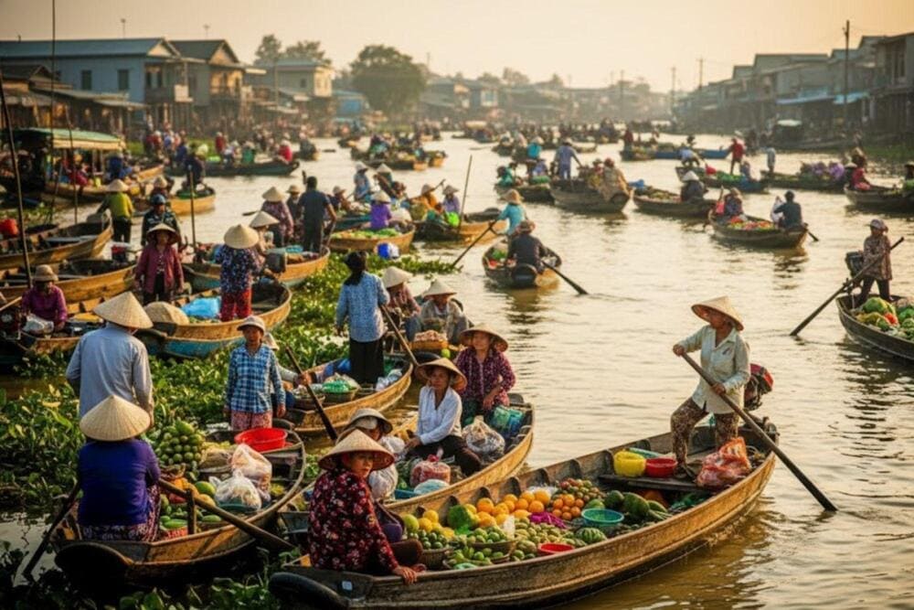 The Mekong Delta is known for its lively waterways bustling with boats daily